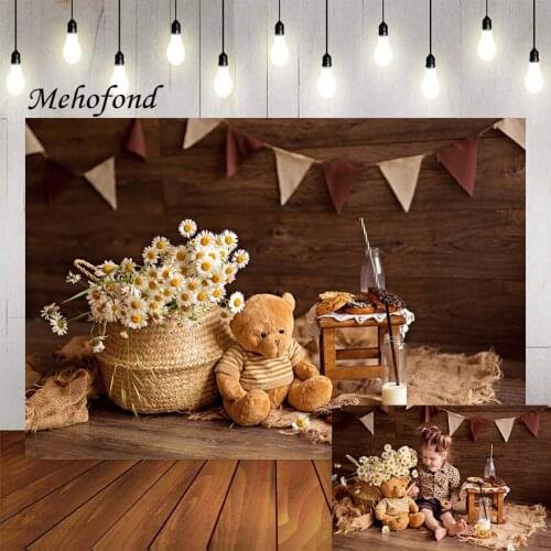 Mehofond Photography Background Wooden Wall Flowers Toy Bear Milk Kids Birthday Party Baby Portrait Backdrop Photo Studio Props