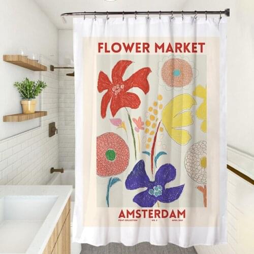 INS Shower Curtain Korean Style Bathroom Curtains Flower Printed Partition Washable Shower Room Door Screen Home Decor Drapeau