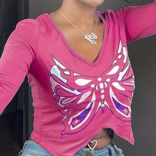 Butterfly y2k Crop Top Pink Long Sleeve V Neck T Shirt Cute Retro Basic Casual Tee Women Autumn Harajuku Tops Korean