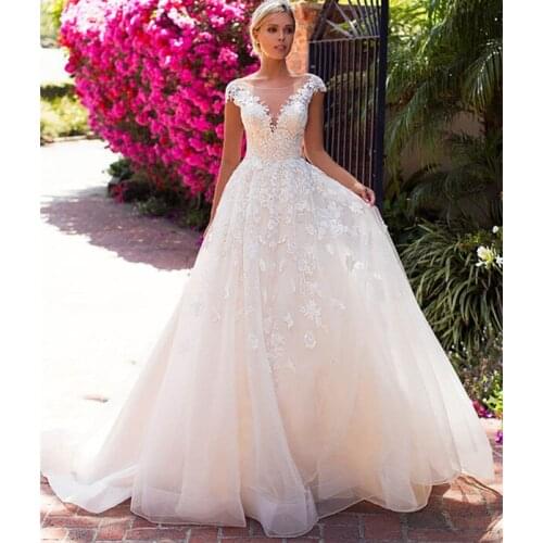 A-Line Lace Wedding Dress 2021 Appliques Bride Gowns Sexy Backless Robe De Mariage Wedding Long Dresses Cap Sleeves White Ivory
