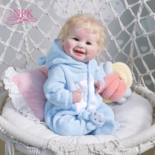 NPK 55CM reborn baby newborn boy doll blond hair smile happy baby lifelike real soft touch handmade detailed painting hig