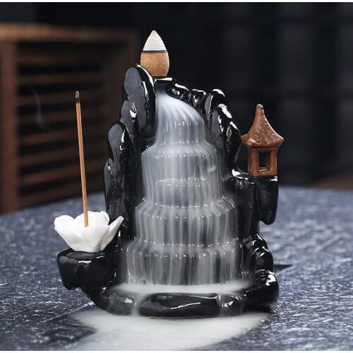 Incense Waterfall Holder, Backflow Incense Burner, Ceramic Lotus Smoke Fountain Incense Falls, Home Room Desk Zen Decor +Incense