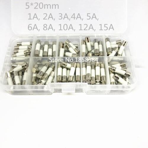 100pcs Ceramic Fuse kit 5mm x 20mm Slow Blow T 1A 2A 3A 4A 5A 6A 8A 10A 12A 15A 250V with box