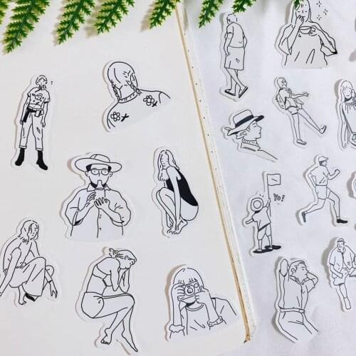 42PCS Black And White Character Daily Outfit Stickers DIY Decoration Scrapbooking Journal Mobile Phone Computer Diary Happy Plan