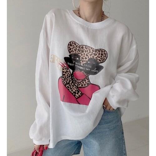 2021 Early Autumn Korean Style Blouse Female Round Neck Long Sleeve Cartoon Printing Loose Casual Blusa Back Split T-shirt DF189