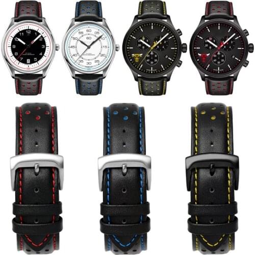 Breathable hole genuine leather watchband for brand wristband 22mm black red stitch waterproof bottom Strap