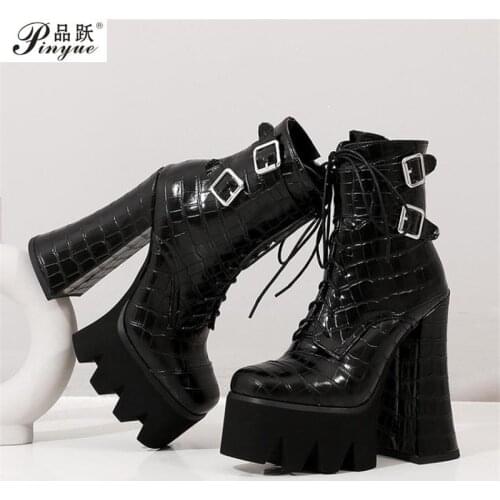 Patent Leather Gothic Black Boots Women Heel Sexy Chain Chunky Heel Platform Boots Female Punk Ankle Boots Lace-Up