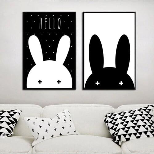 Nordic Cartoon Black White Rabbit Wall Art Canvas Painting Posters And Prints Wall Pictures Girl Baby Kids Room Home Decoration