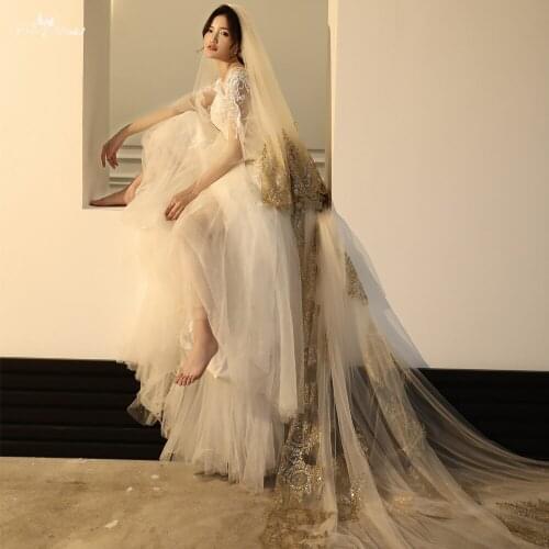 LZP550 Gold Lace Edge Luxury Cathedral Wedding Veil Hot Sale Wedding Accessories Two Layer Long Bridal Veil
