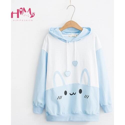 Cute Rabbit Women White Hoodies kawaii Bunny Ears Cute Graphic Sweatshirts Japanese Harajuku Sweet Girls Pink Blue Pullover