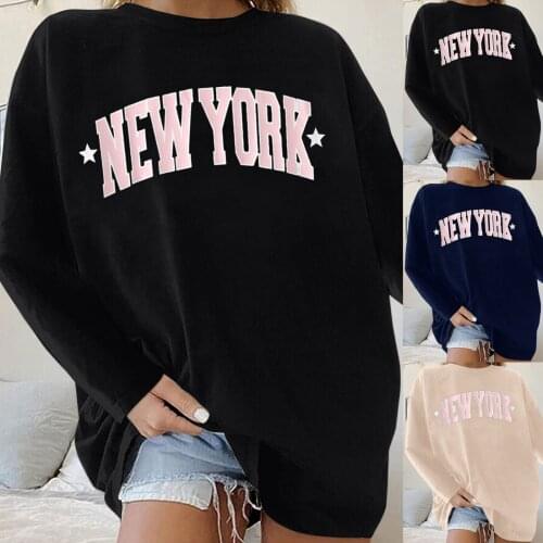 Women Long Sleeve Loose Round-neck T-Shirt Text Personalized Printing Blouse Top Solid Color All-match Lovely Girls T-shirt