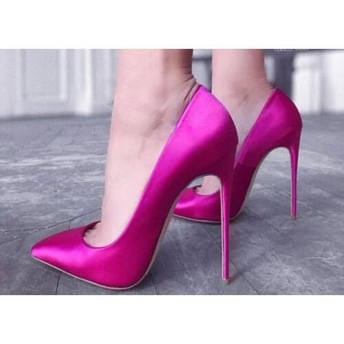 Woman Glossy Silk Satin Pointed Toe 12 cm Stiletto Heels Shallow High Heels Pumps Sexy Blue Green Purple Wedding Dress Shoes
