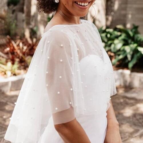 Lady Wedding Bridal Beaded Pearl Cape Evening Prom Party Tulle Sheer Women Ivory Shawl 2 Layers Elegant Soft Formal Shrug