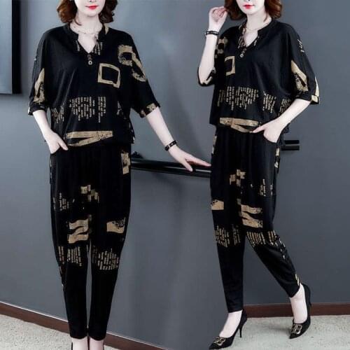 Womens Suit Summer Casual 2021 New Fashion Mother Plus Size Pencil Pants Half Sleeve Crop Top Two Piece Set For Women Clothing