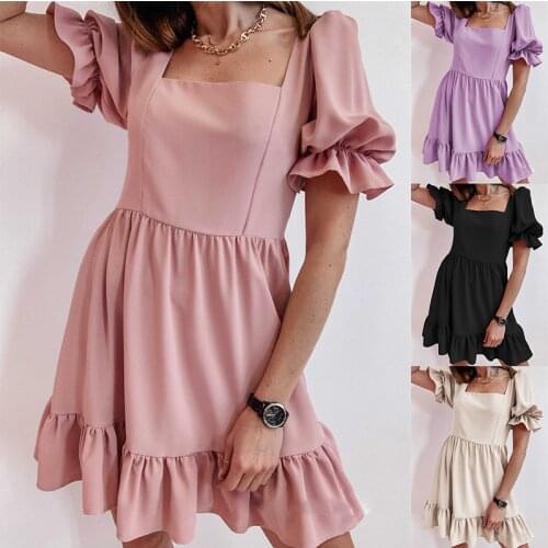 Summer New Fashion Square Collar Lotus Leaf Short Sleeve Dresses For Women 2021 Elegant Loose Solid Patchwork Party Midi Dress