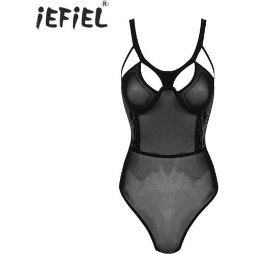 Women See-through Mesh Patchwork Bodysuit Female Underwire Unlined Bra Crop Top with Leotard Briefs Sexy Lingerie Jumpsuit