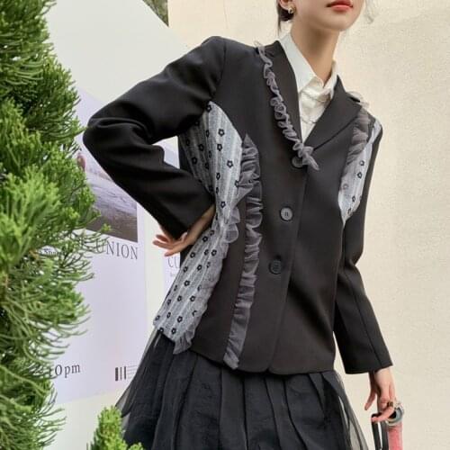 2021 Black Patchwork Blazer Women Ruffle Floral Blazers And Jackets Designer Coat Ladies Suit Jacket Fashion Clothes S085
