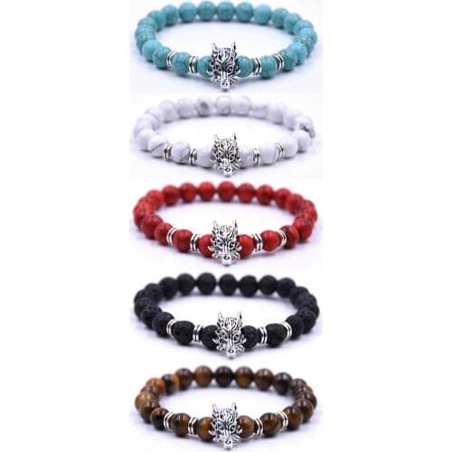 Antique Animal Leopard Fox Dragon Buddha Head Bracelet Men Jewelry Fashion Black Frosted Volcano Lava Stone Beads