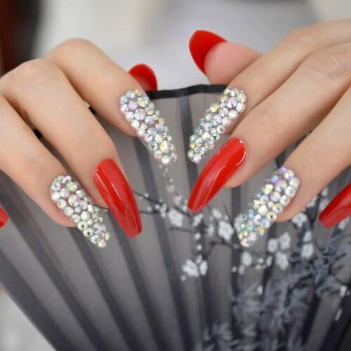 Shiny Long Rhinestone Coffin Nail Artificial Designed 3D Luxurious Ballerina Nails Full Cover Salon Fingernail