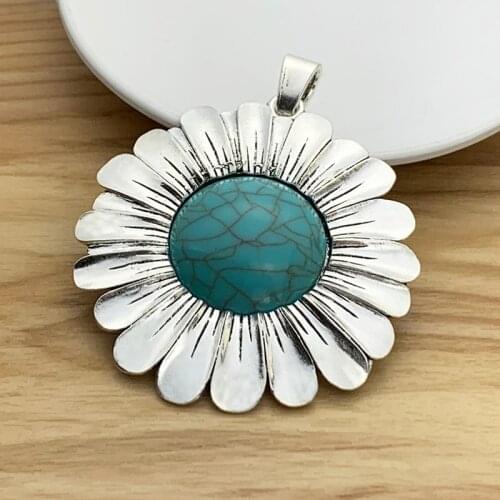 1 Piece Large Sunflower Flower & Faux Turquoise Silver Color Charms Pendants for Necklace Jewelry Making Accessories