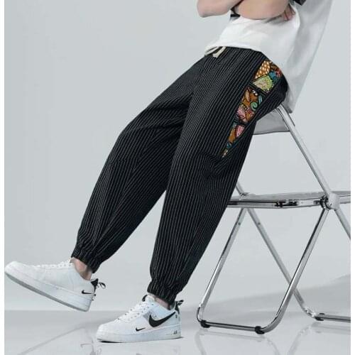 Harajuku Cotton Linen Striped Casual Harem Pants Men Clothing Chinese Style Fashion Joggers Streetwear Patchwork Trousers Male