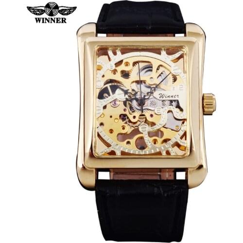 2016 Winner Brand Watches Men Rectangle Mechanical Hand Wind Watches Male Golden Skeleton Dial Artificial Leather Wristwatches