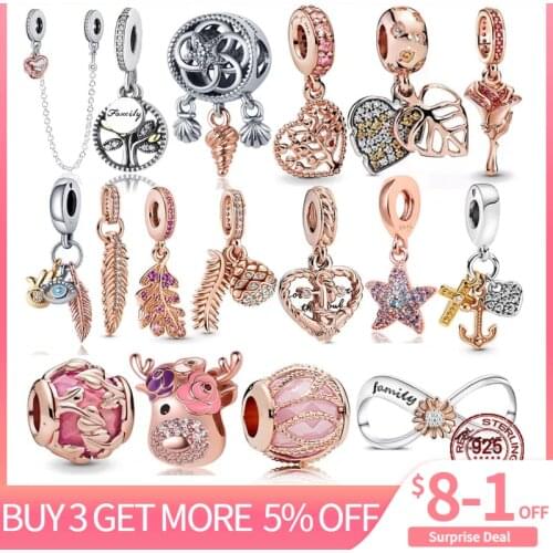 Hot 925 Sterling Silver Heart-shaped Maple Leaf Rose Gold Series Fit Original 3mm Bracelet Making Fashion DIY Jewelry