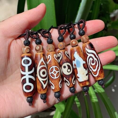 Ancient Natural Tibetan Dzi Agates Pendant Necklace Big Guanyin Noble Yinyang Coffee Agat Stone Necklace for Women Men Healing