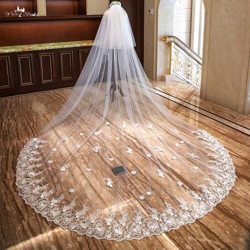 LZP319 Real Wedding Veil Picture Flowers Applique Edge Ivory Bridal Veil 3 Meter Cathedral Wedding Veil Bridal Accessories