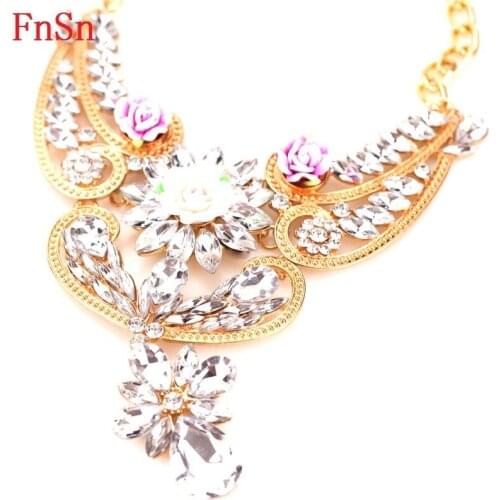 FnSn New Hot Crystal Necklace Charm Choker Trendy Women Gift Zinc Alloy Pendant Flower Chain Collier Style Fashion Jewelry N1157