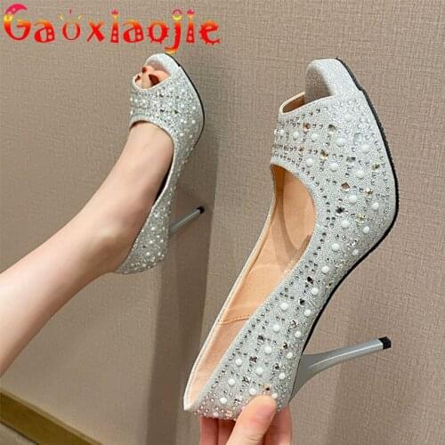 Gaoxiaojie Women Pumps Shoes 2021 New Glistening Diamond Fish Mouth Shoes Simple Fashion Shallow Party High Heel Bridal Shoes