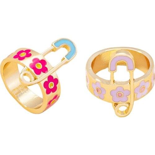 GSOLD Geometric Metal Creative Safety Pin Design Ring Enamel Small Flower Ring Simple Alloy Women Fashion Trend Jewelry