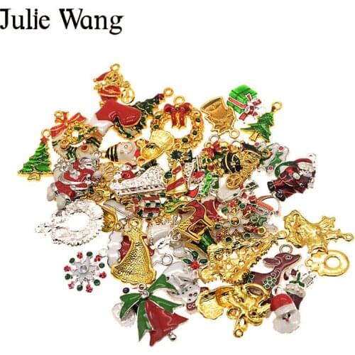 Julie Wang 15pcs Randomly Send Alloy Enamel Christmas Charms Necklace Bracelet Xmas Decoration Findings Jewelry Making Accessory