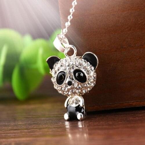 Classical Womens Rhinestone Moving Head Pretty Enamel Rhinestone Crystal Panda Pendant Sweater Chain Necklace For Women Jewelry