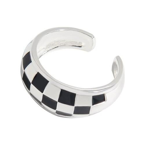 MLKENLY Retro personality black white checkerboard ring sterling silver S925 female ring unique niche light luxury jewelry
