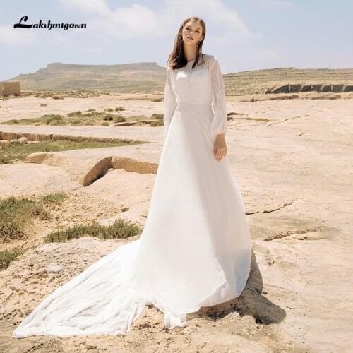 Lakshmigown Long Sleeve Wedding Dress Simple White Wedding Gown Boho Elegant A-Line Scoop Neck Chiffon Bridal Gown robe de marie