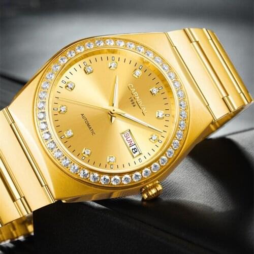 MIYOTA Automatic Movement CARNIVAL Mechanical Watch relogio masculino Fashion Business Wristwatch Gold Steel Band Calendar
