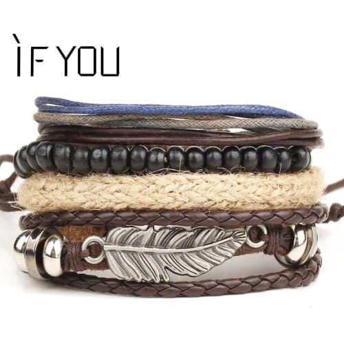 IF YOU Vintage Multilayer Leaf Leather Bracelet For Men Punk Wood Bead Bracelets Rope Braided Brinco Christmas Gift Jewelry New