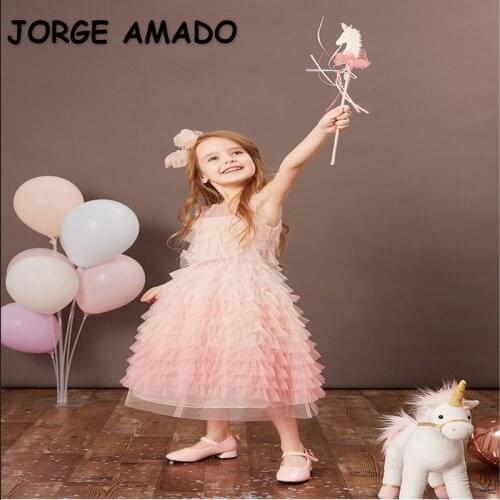 2021 New Spring Summer Girls Party Dress Sleeveless Party Piano Show Flower Girl Layered Rainbow Dresses for Weddings E1004