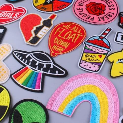 Pulaqi Rainbow Space Wine Bottle Patch Embroidered Patches For Clothes Stripe Iron on Patches Cartoon Badge T-shirt DIY Applique