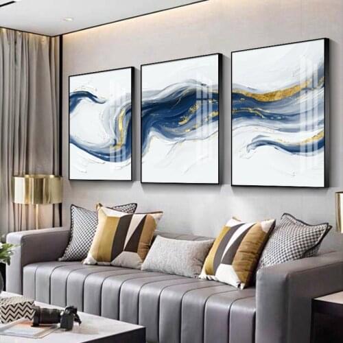 Luxury Contemporary Abstract Art Canvas Painting Blue Golden Nordic Poster Print Minimalist Decorative Picture Modern Home Decor