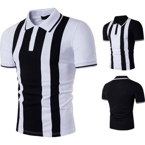 Mens simple black and white striped lapel short-sleeved large size POLO shirt lapel polo shirt men