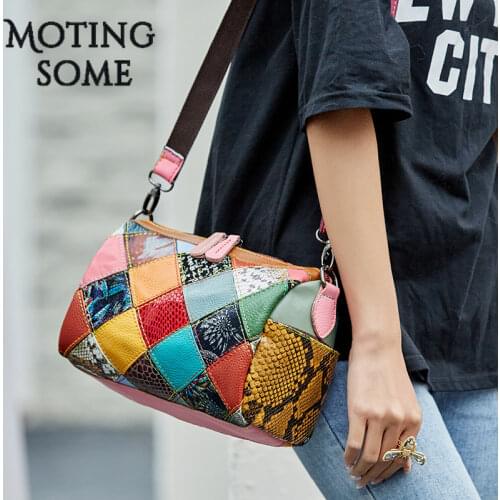 Retro Patchwork Style Women Shoulder Bag Genuine Leather Cowhide Handbags and Purses Female Crossbody Barrel-shaped Pouch 2021