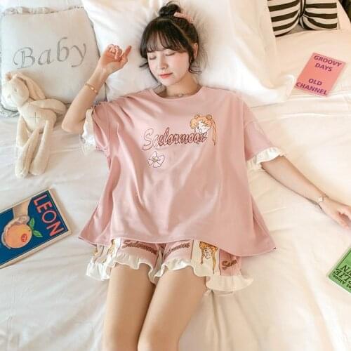 Womens set 2 pieces suit pajamas anime cute kawaii summer shorts short sleeve home Nightgowns thin Sleepwear plus size lingere