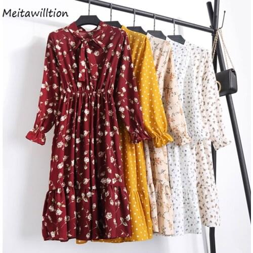 17 Colors 2020 Summer Spring Women Dress Bowbot Ladies Floral Chiffon Dress Female Flare Sleeve Retro Boho Dresses Dropshop