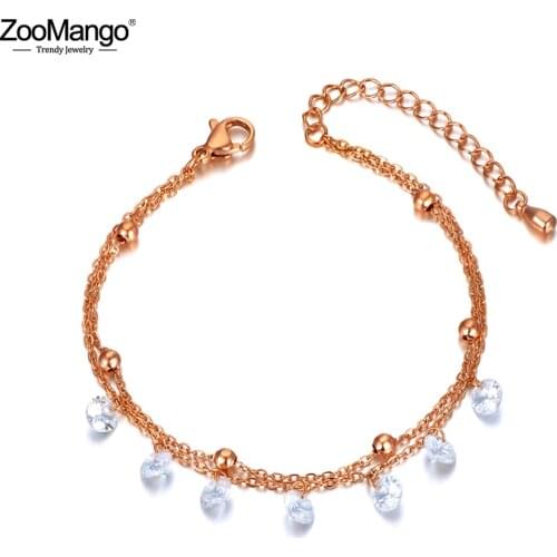 ZooMango Rose Gold Double Layer Stainless Steel CZ Crystal Charm Bracelets For Women Girls Bohemia Beach Chain Bracelet ZB20047