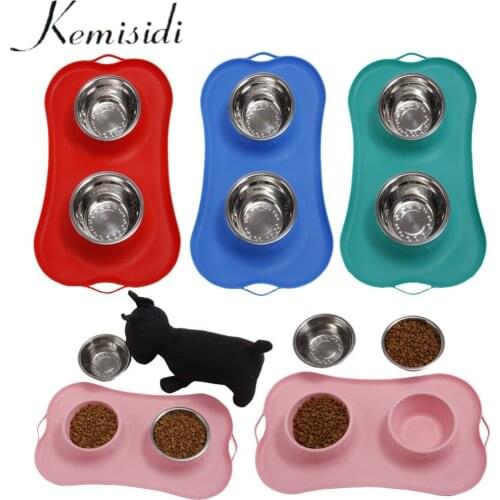 2018 Pet Dog Feeders Bowl Stainless Steel Double Mouth Dog Silica Gel Bone Type Pet Bowl for Small and Medium Dog Pet Supplies