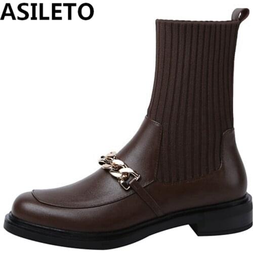 ASILETO Winter Retro Square Toe Boots Genuine Leather Metal Chain Knitting Woolen Tube Sock Boot Women 2021 Fashion Stretchy