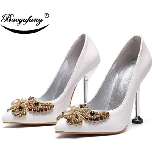 BaoYaFang Super High heels Pump Shoes Woman Pointed Toe Wedding shoes Bride Thin Heel Pumps Single shoes Big size 43 metal heel