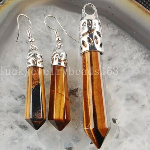 Free Shipping Women Fashion Jewelry Tigers Eye Hexagonal Pointed Reiki Chakra Pendant Earrings Set C3146